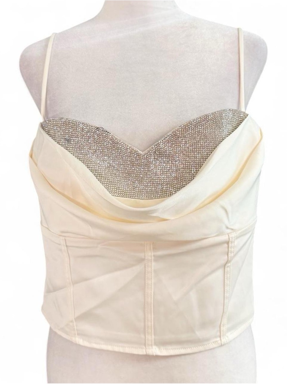 Lina Cream & Silver Rhinestone Bustier Crop Top Size Large Like New